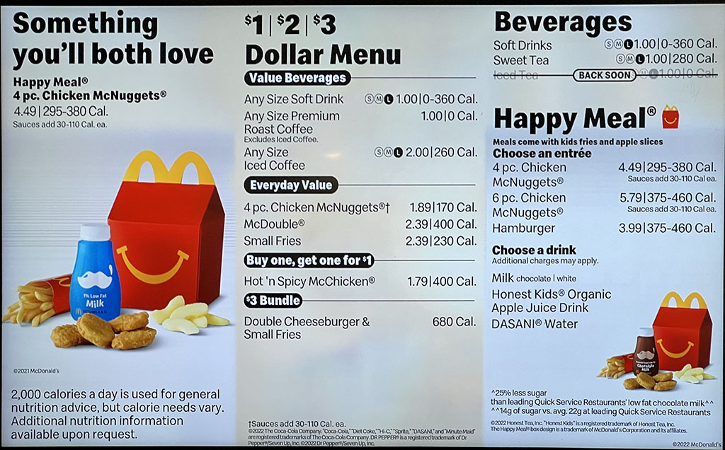 McDonald's menu - dollar menu, beverages, happy meals, Salt Lake City Sep 2022