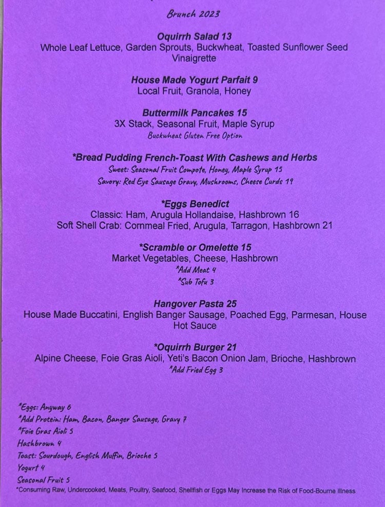 Oquirrh 2023 menu - brunch