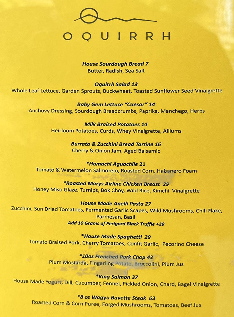Oquirrh 2023 menu - dinner
