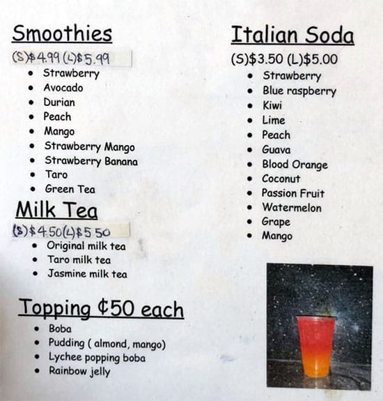 Pho Hong Chau menu - milk tea, smoothies, Italian soda