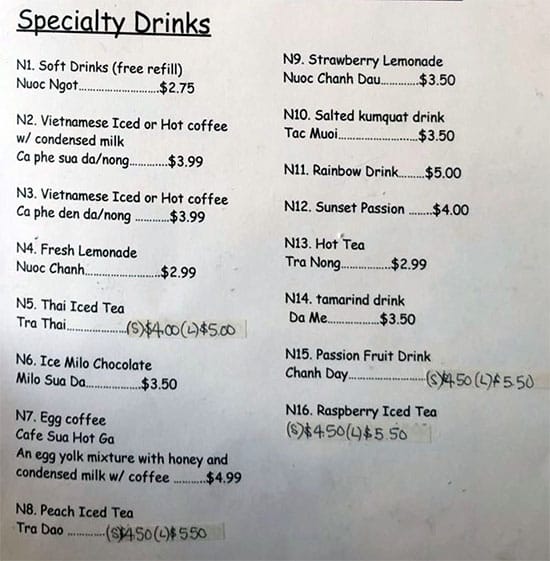 Pho Hong Chau menu - specialty drinks