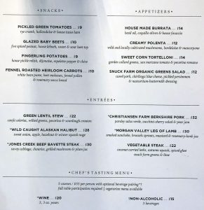 Table X menu - appetizers, entrees