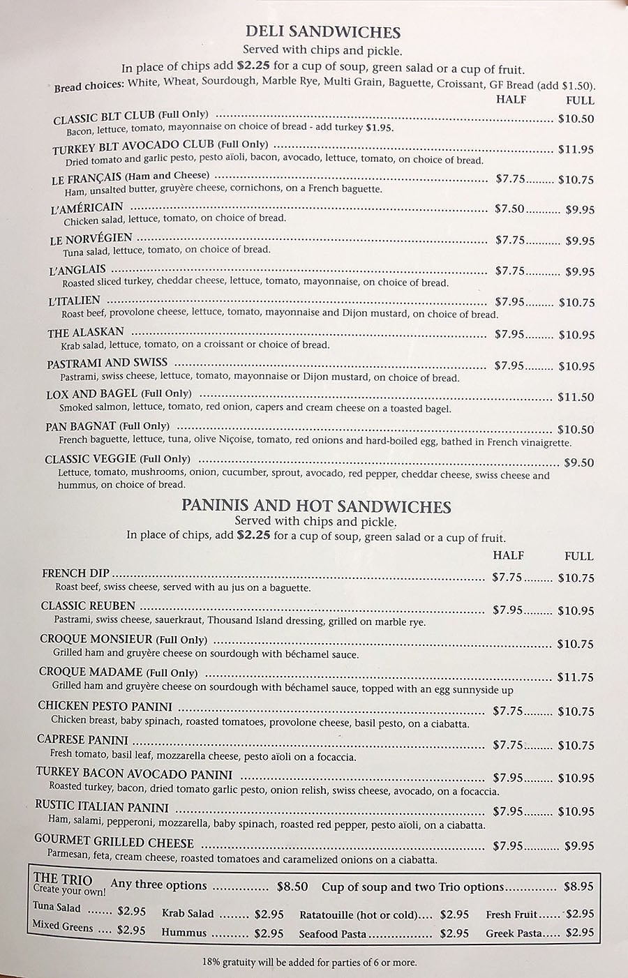 Délice Bakery And Cafe menu - deli sandwiches, paninis, hot sandwiches