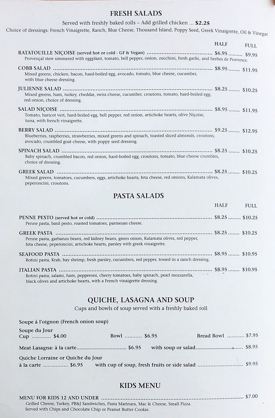 Délice Bakery And Cafe menu - salad, pasta salad, quiche, kids