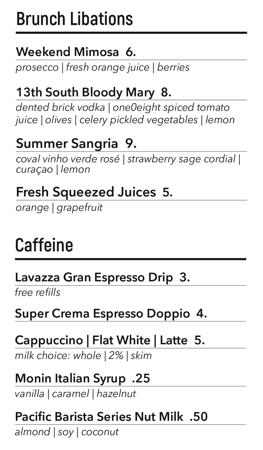 One O Eight brunch menu - drinks