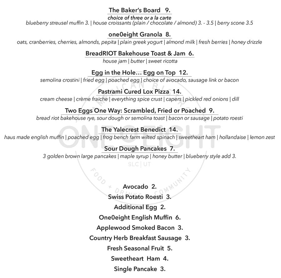 One O Eight brunch menu - food