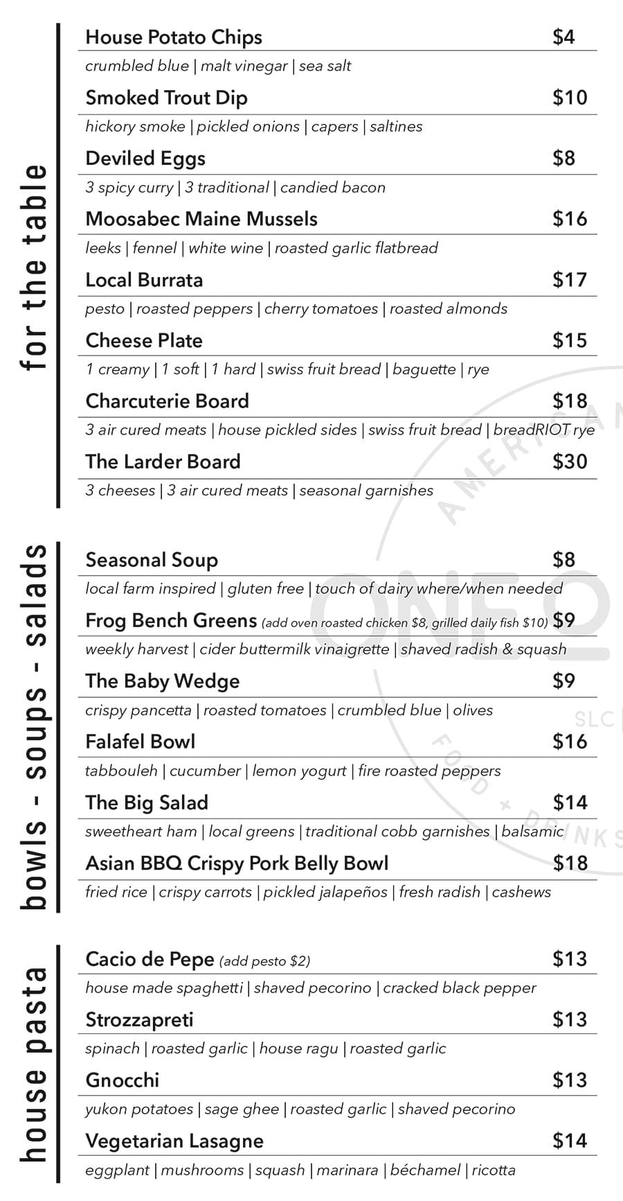 One O Eight dinner menu - for the table, soups, salads, pasta