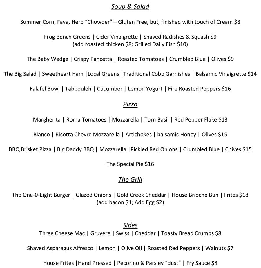 One O Eight weekend lunch menu - pizza, soup, salad, entees, sides