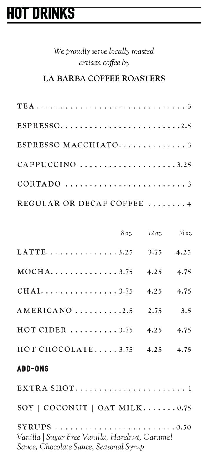 Stratford Proper curbside menu - hot drinks