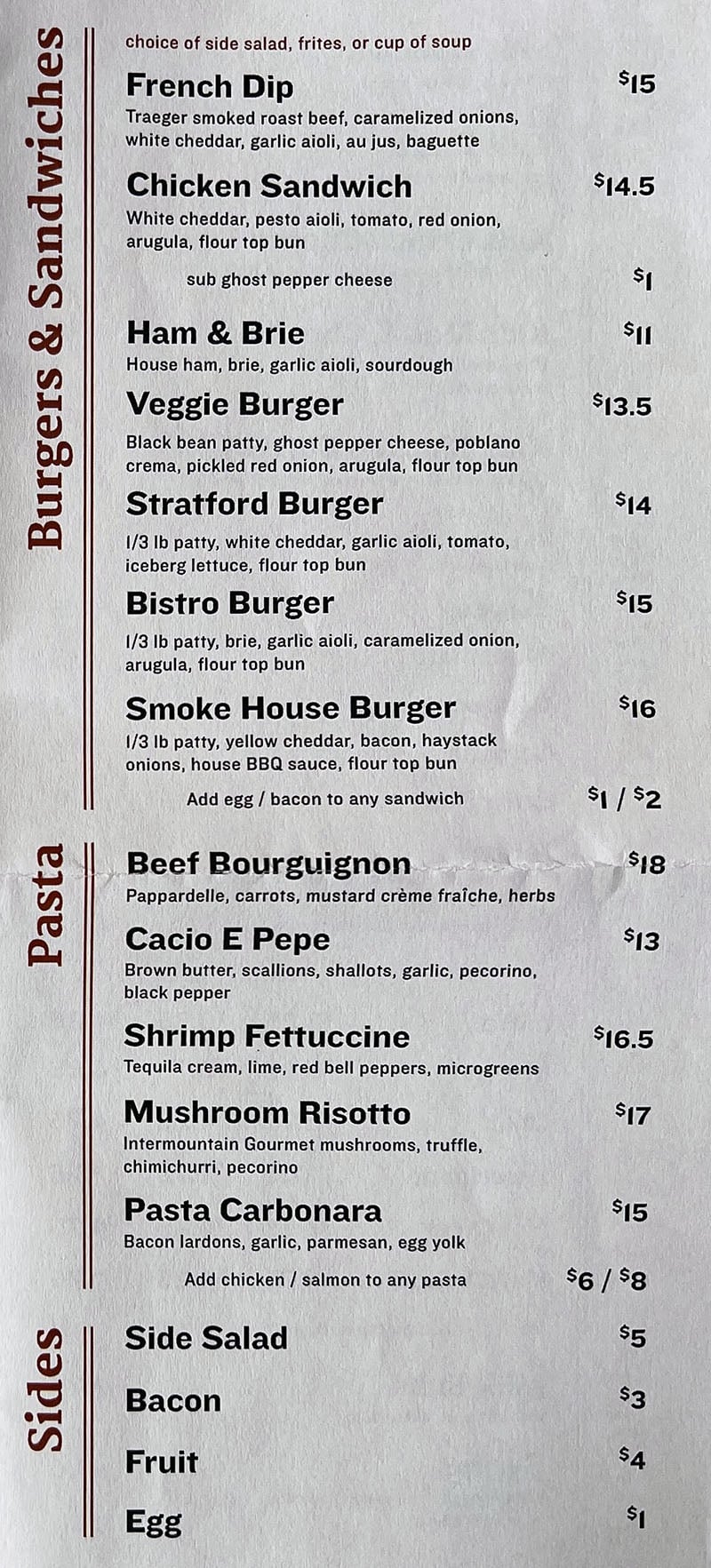 Stratford Proper menu - burgers, sandwiches, pasta, sides