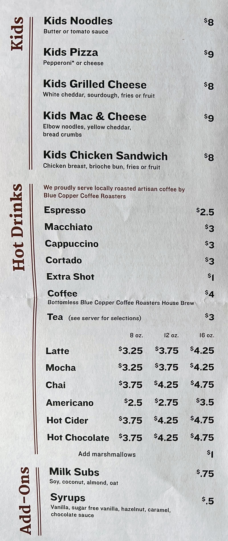 Stratford Proper menu - kids, hot drinks, add ons
