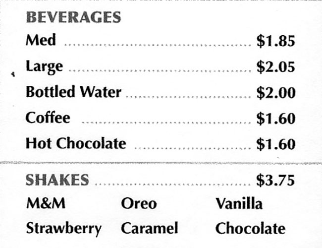 Flame Burger menu - beverages shakes