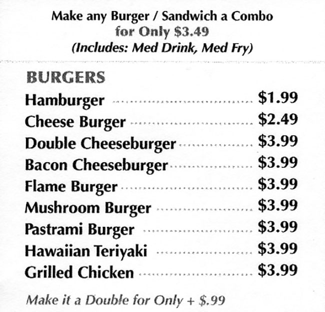 Flame Burger menu - burgers