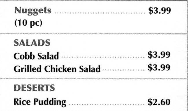 Flame Burger menu - nuggets, salads, sides