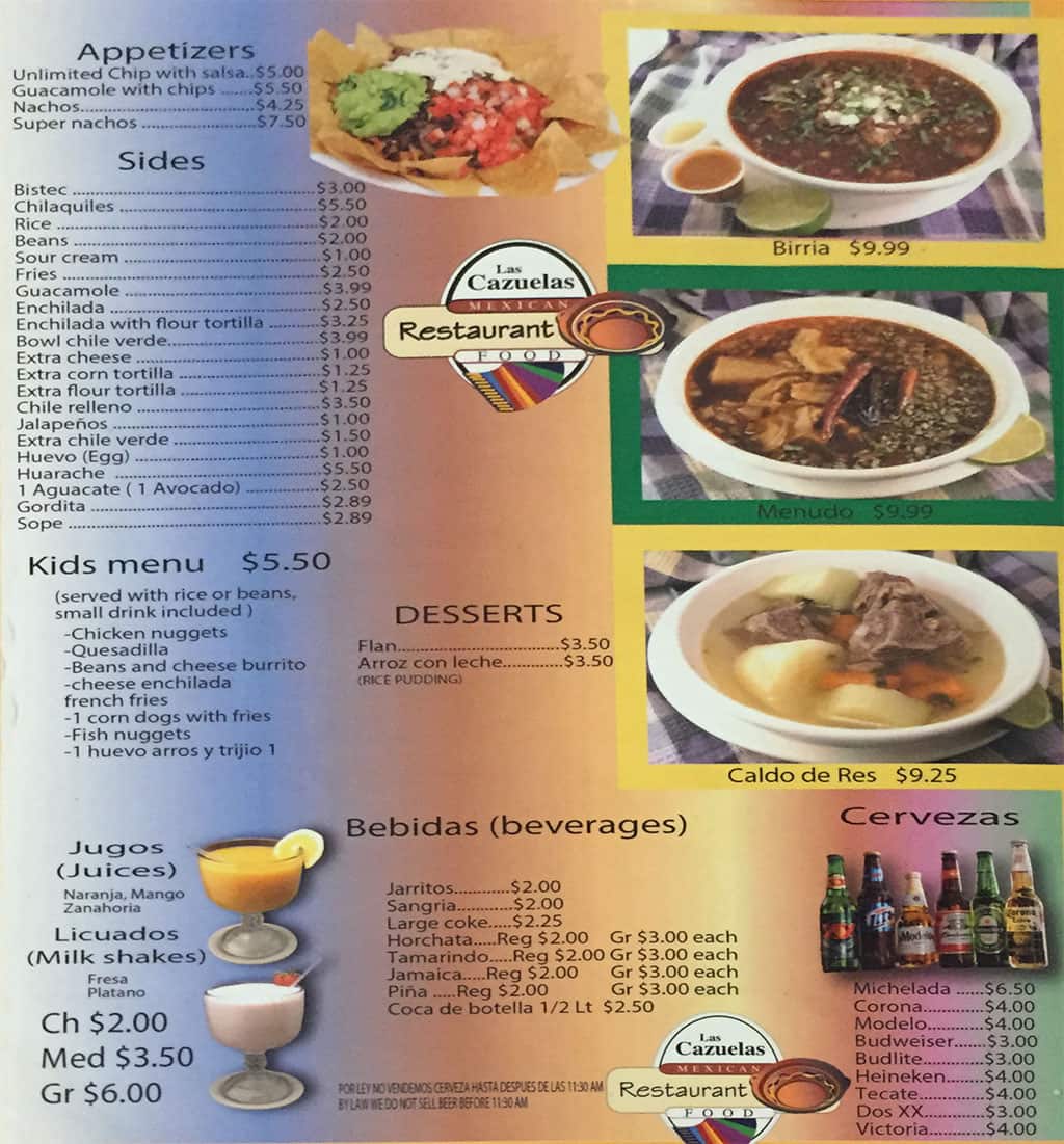 Las Cazuelas menu - appetizers, sides, kinds, drinks, beer