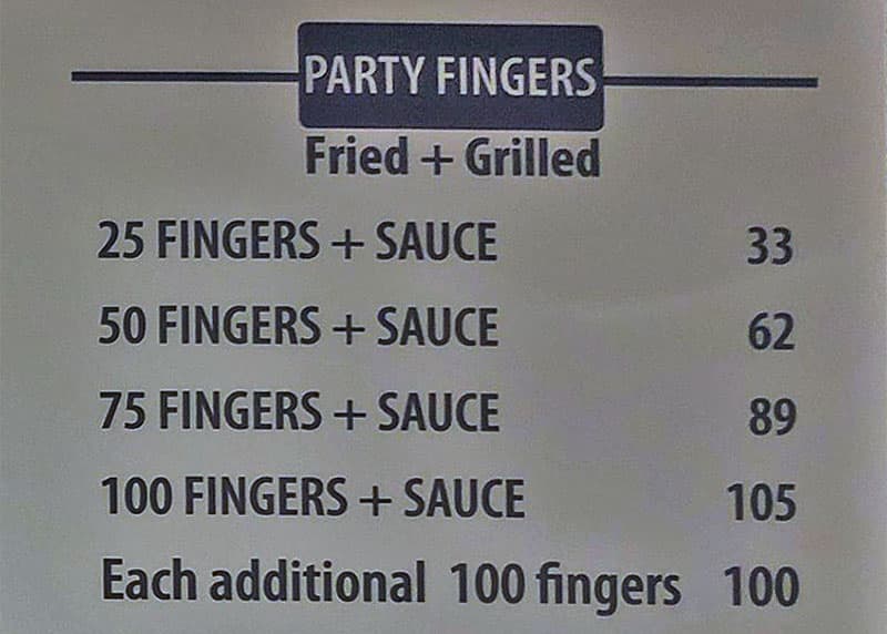 Mr Charlies Chicken Fingers menu - party fingers