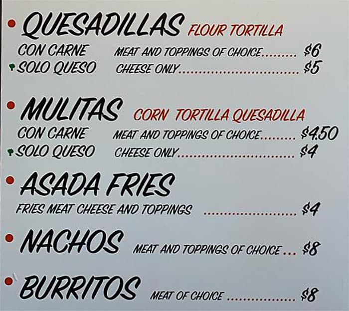 Santo Tacos menu - quesadillas, mulitas, asada fries, nachos, burritos