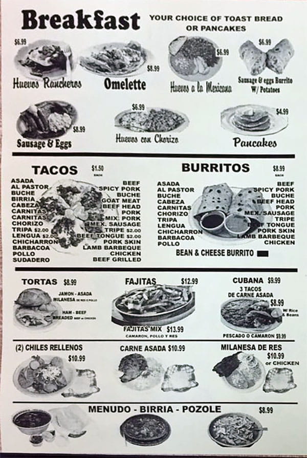 Tacos Blanquita menu - breakfast, tacos, burritos, more