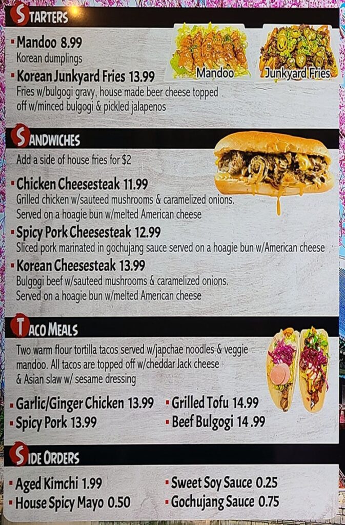 The Angry Korean menu - starters, sandwiches, tacos, sides