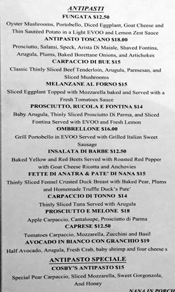 Valter's Osteria menu - antipasti
