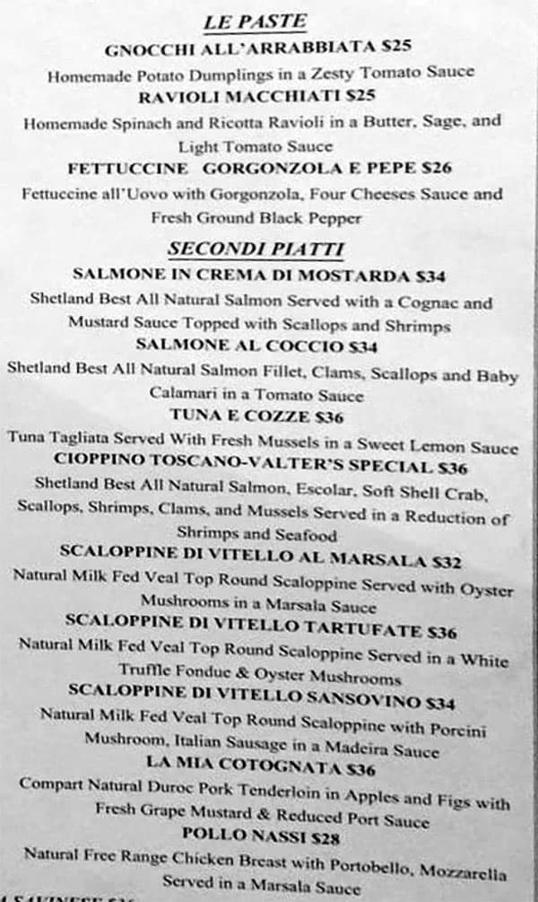 Valter's Osteria menu - le paste, secondi piatti