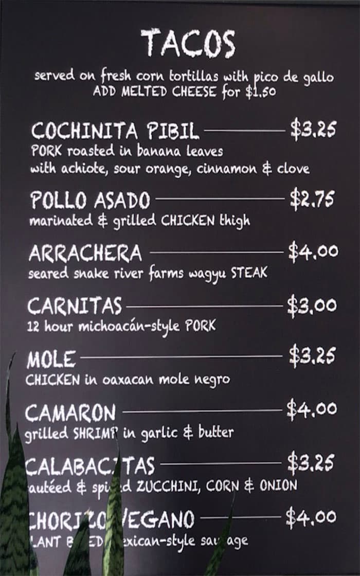 Barrio SLC menu - tacos