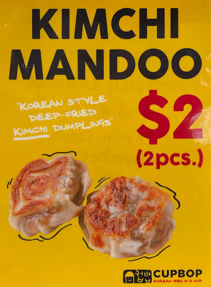 Cupbop menu - kimchi mandoo at Fashion Place