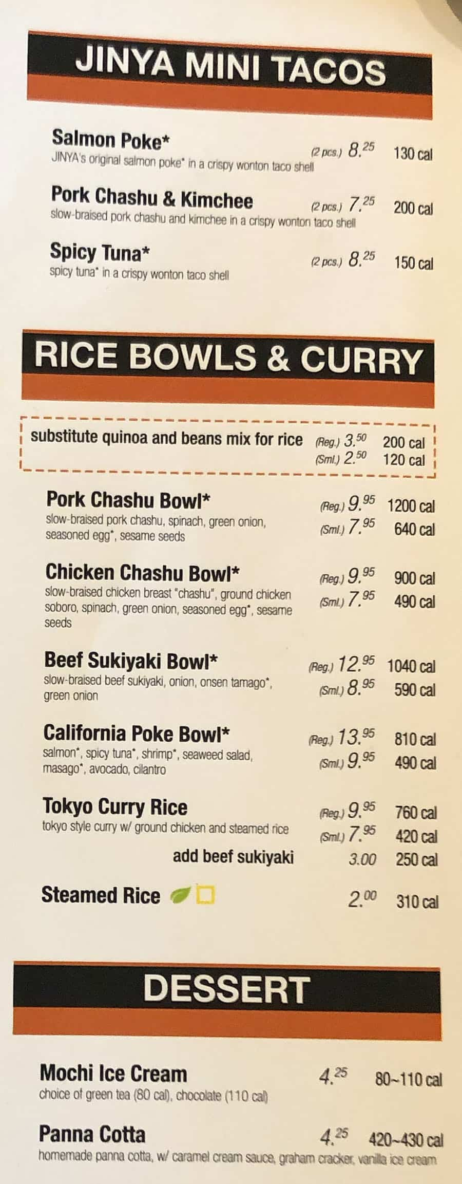 JINYA Ramen Bar menu - tacos, rice bowls, dessert