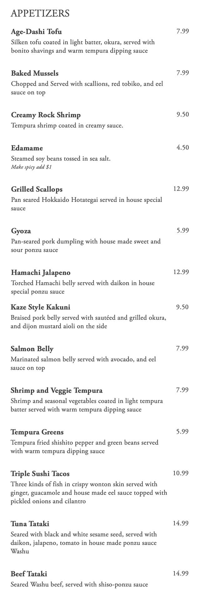 Kaze Sushi Bar And Grill menu - appetizers