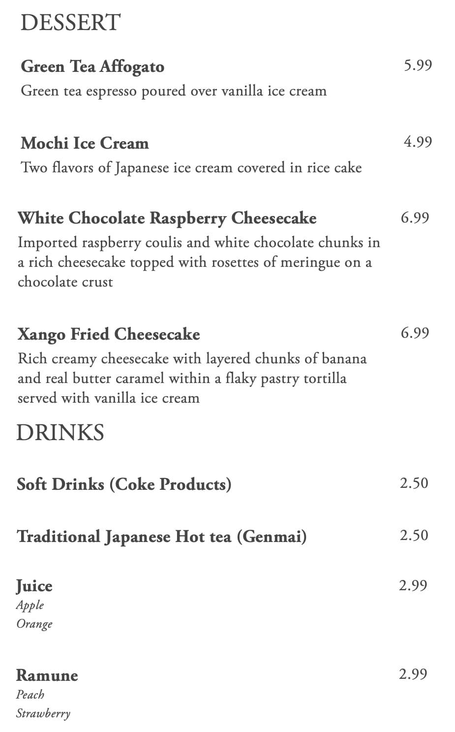 Kaze Sushi Bar And Grill menu - desserts, drinks