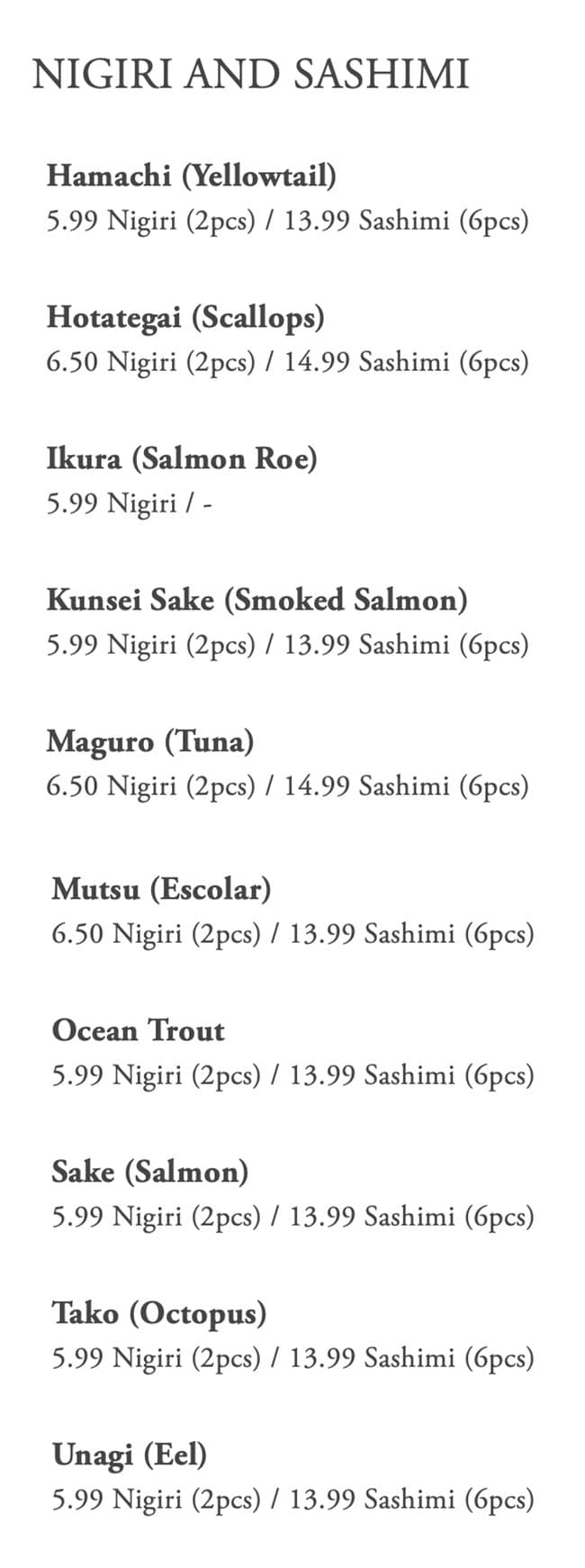 Kaze Sushi Bar And Grill menu - nigiri and sashimi