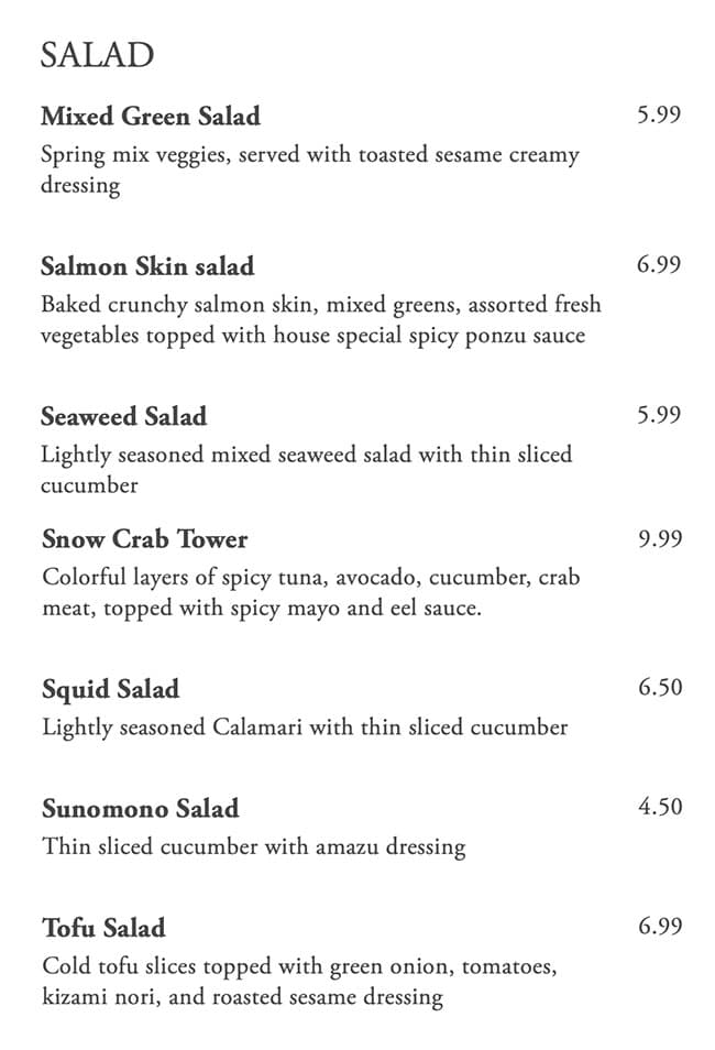 Kaze Sushi Bar And Grill menu - salads