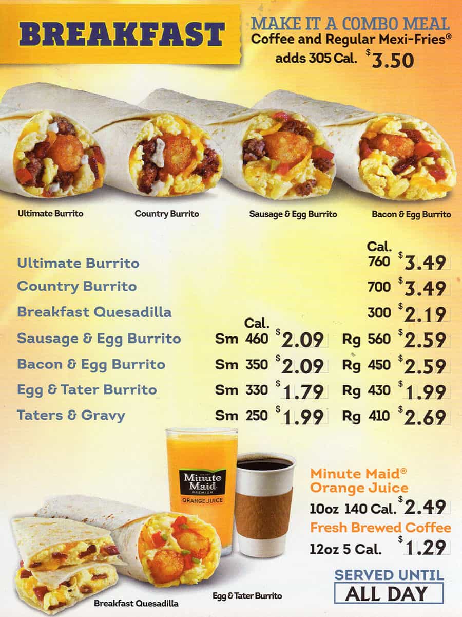 Taco Time menu - breakfast all day
