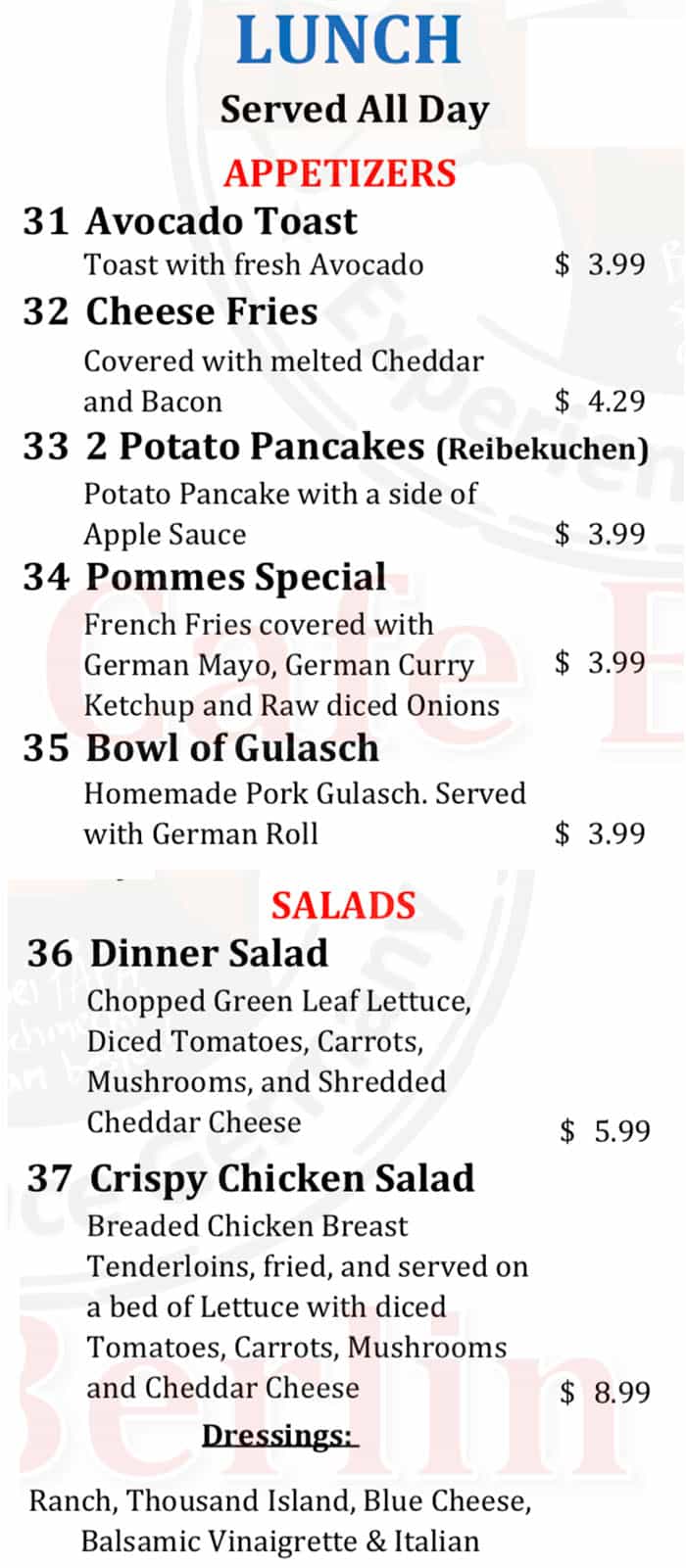Cafe Berlin lunch menu - appetizers, salads