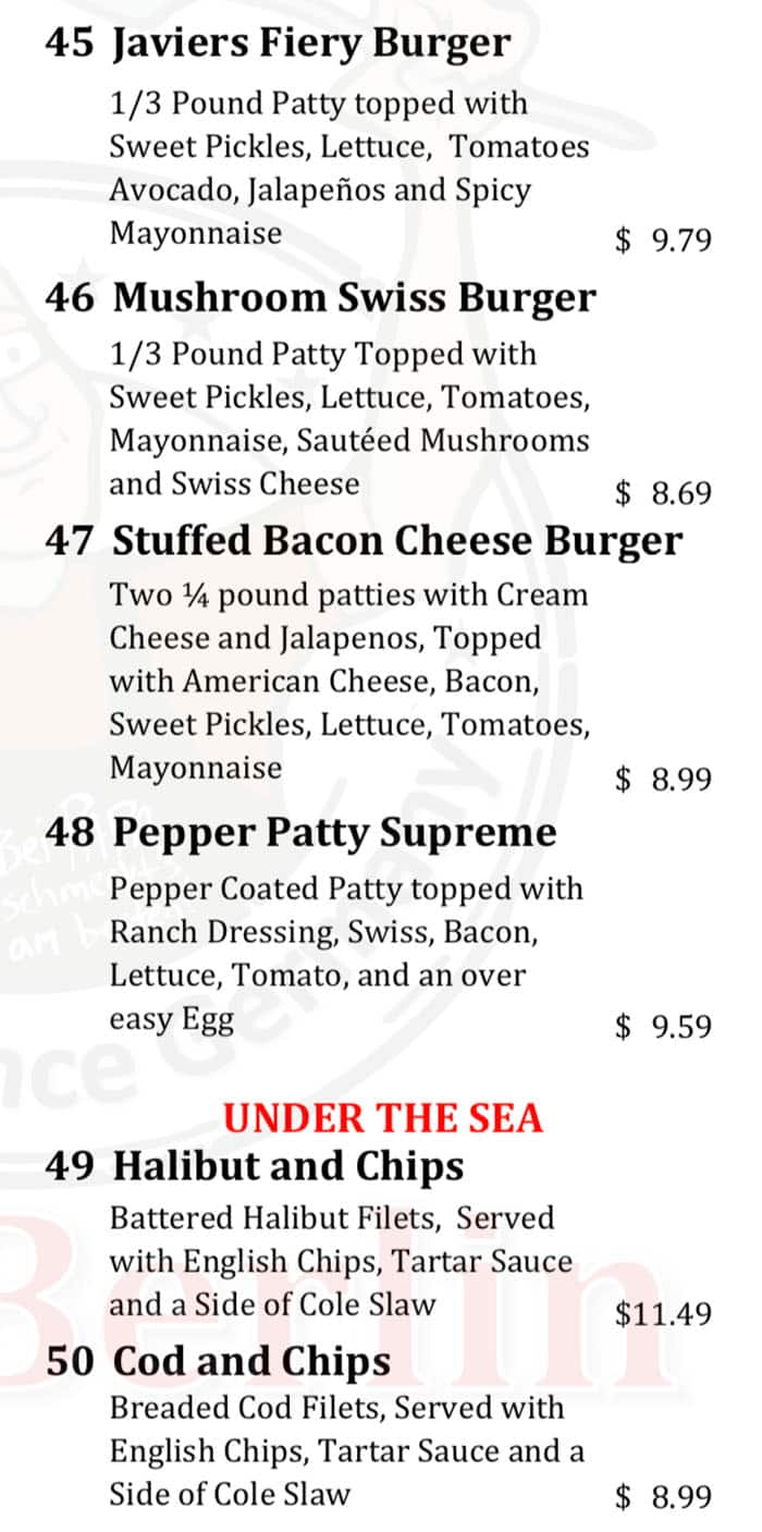 Cafe Berlin lunch menu - burgers, sandwiches continued