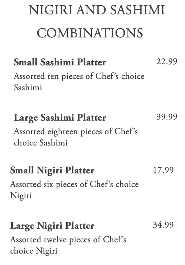 Kaze Sushi Bar And Grill menu - nigiri, sashimi combinations