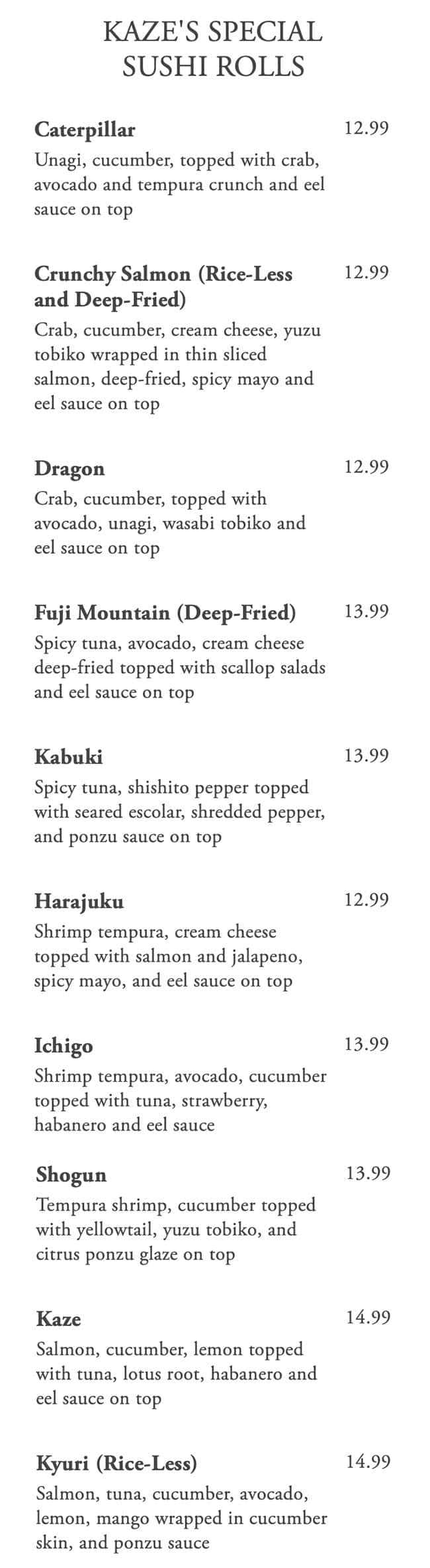 Kaze Sushi Bar And Grill menu - special sushi rolls