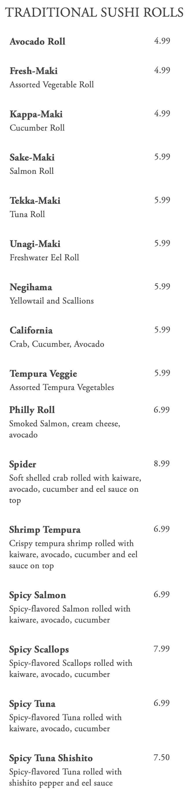 Kaze Sushi Bar And Grill menu - traditional sushi rolls