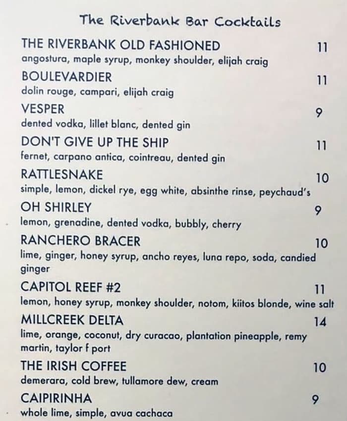The Riverbank Bar menu - cocktails