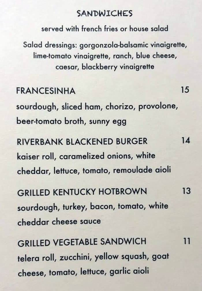 The Riverbank Bar menu - sandwiches