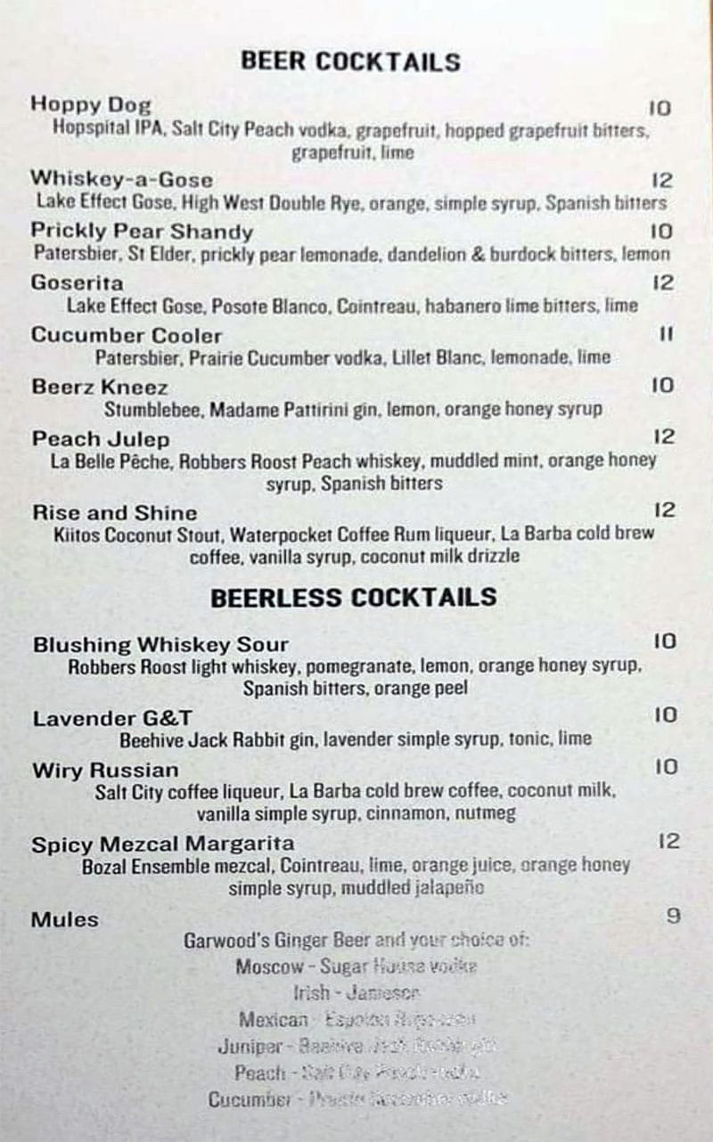 Craft By Proper menu - beer cocktails, beerless cocktails