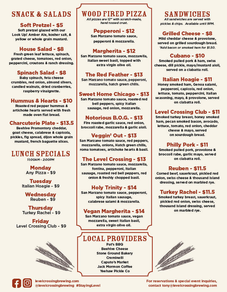 Level Crossing Brewing Company menu - snacks, salads, pizza, sandwiches