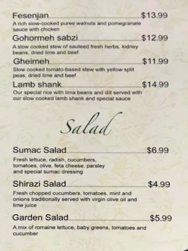 Sumac Cafe menu - stews, salads