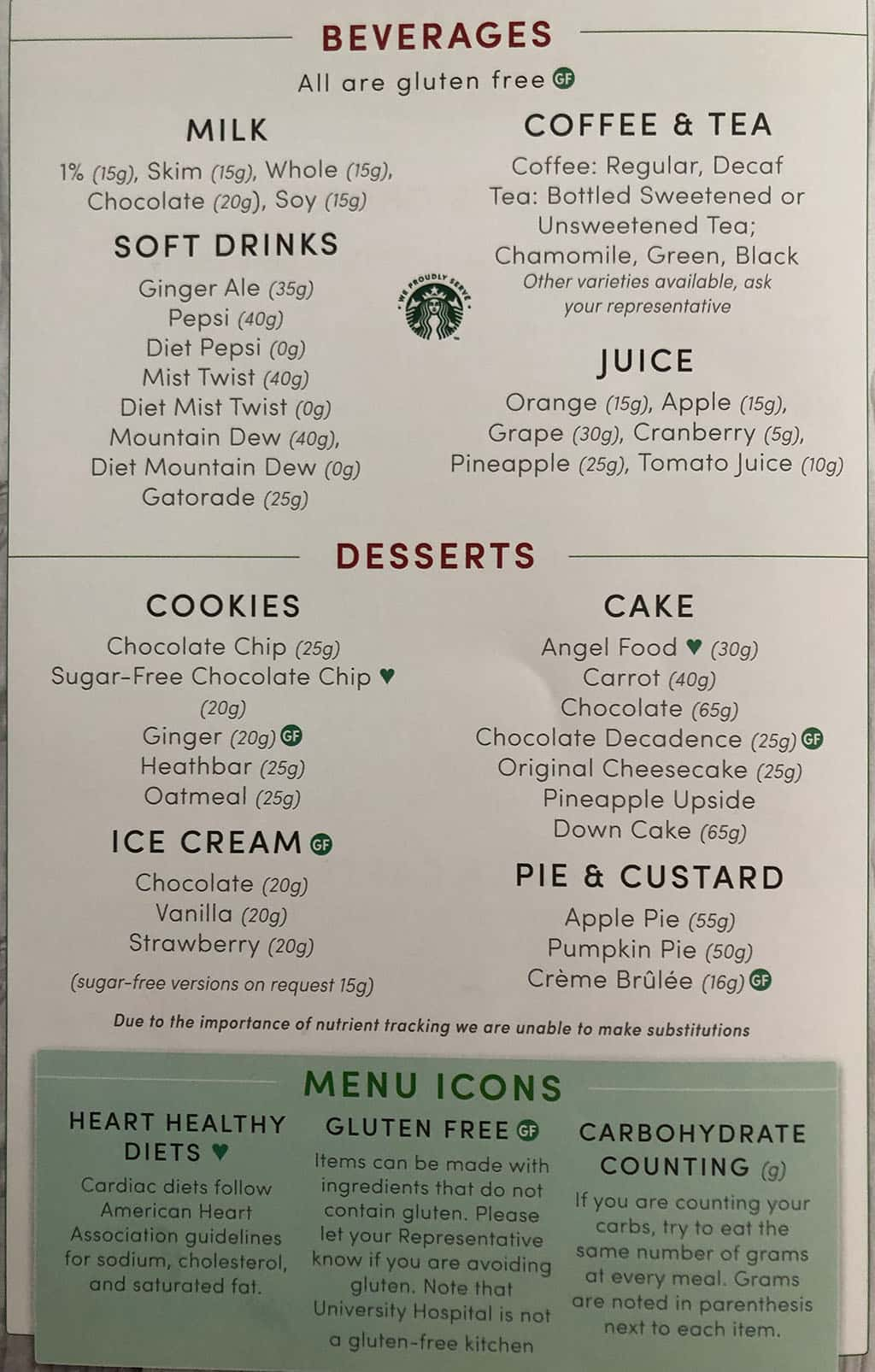 University Of Utah Hospital In Patient menu - beverages, desserts