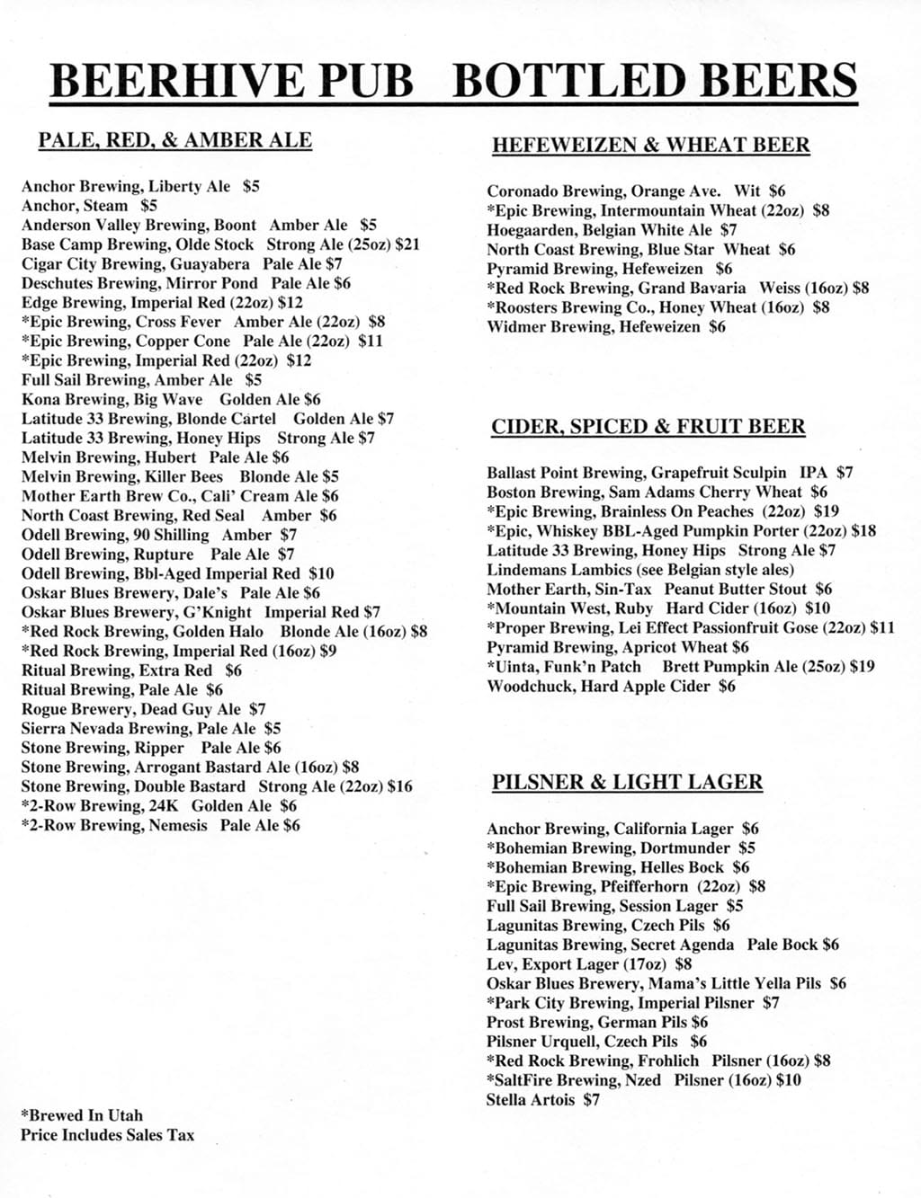 Beerhive Pub drinks menu - pale, amber, red, hefe, cider, pilsner