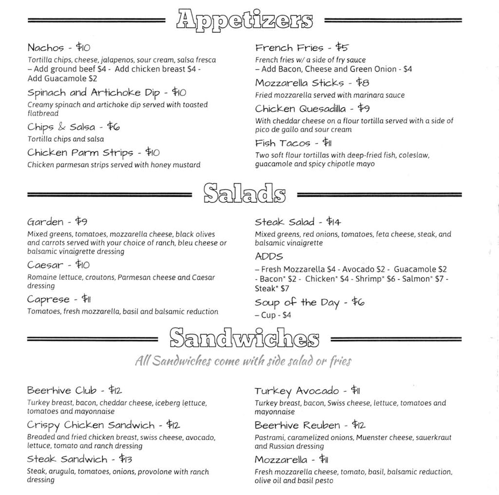 Beerhive Pub food menu - appetizers, salads, sandwiches