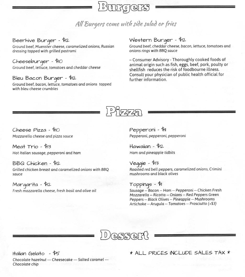 Beerhive Pub food menu - burgers, pizza, dessert