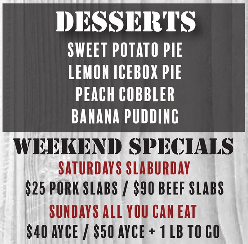 Benji's Bar-B-Que Shack menu - desserts, specials