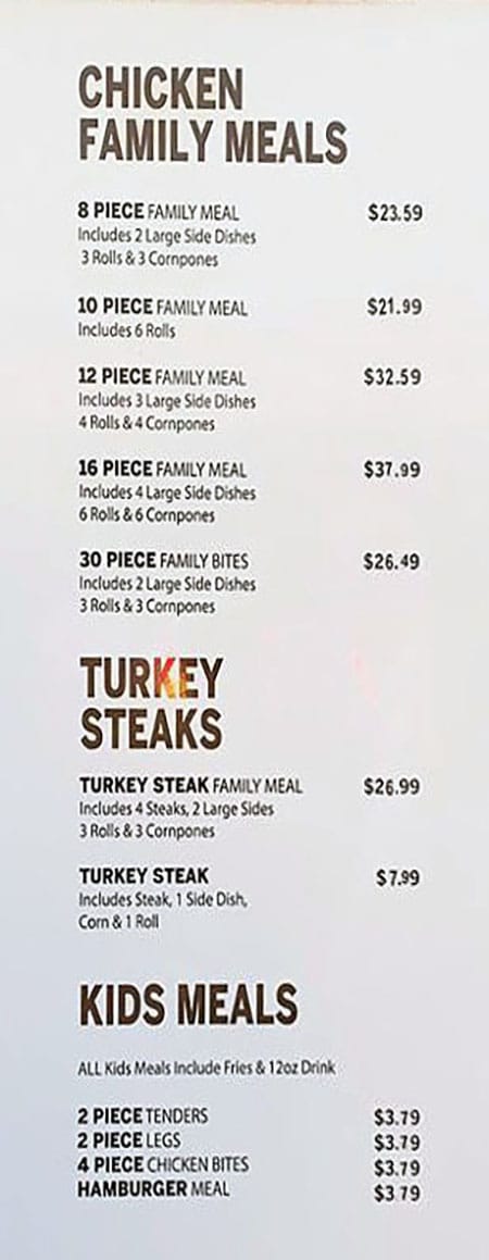 C&B Maddox Famous Chicken menu - family meals, turkey streaks, kids