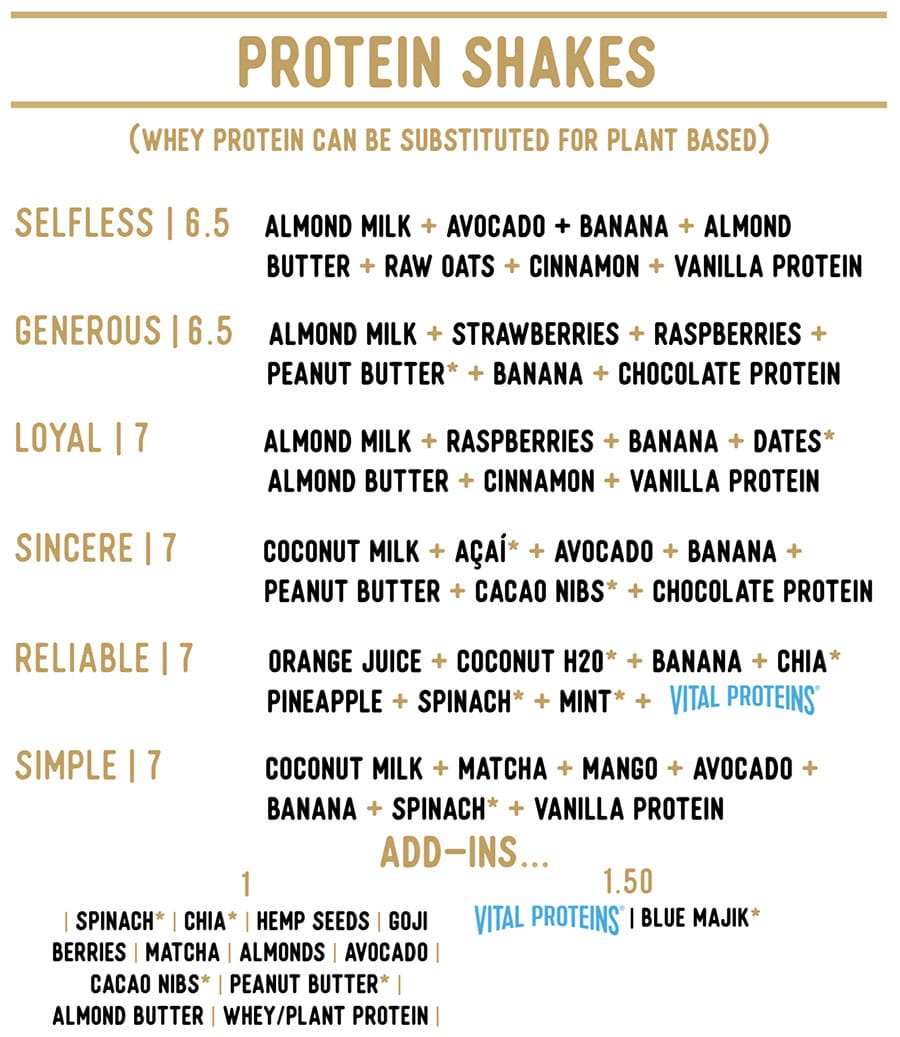 Honest Eatery menu - protein shakes